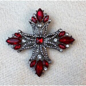 Vintage Silver-Tone Red & Clear Rhinestone Maltese Cross Brooch Pin 2.5” Gothic